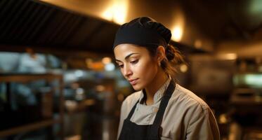 A dedicated cook is concentrated in a bustling restaurant kitchen, crafting delicious dishes amidst the aromatic environment. The atmosphere is lively as chefs work together to serve customers. photo