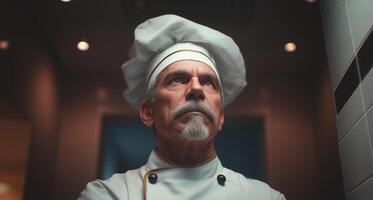 Chef stands confidently in a bustling restaurant kitchen, ready to deliver an exceptional dining experience. The atmosphere is lively with the sounds of cooking and clatter of utensils. photo
