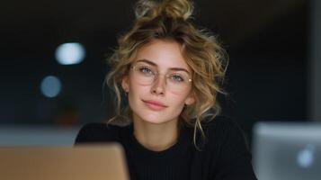 An assistant with curly hair and glasses is focused on connecting voice control technology. She appears confident and engaged while working in a modern indoor environment. photo