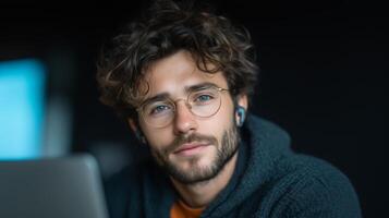 A young man with curly hair and glasses engages with a voice assistant using earbuds while working on a laptop. The setting is cozy, with a soft focus background that emphasizes his concentration. photo
