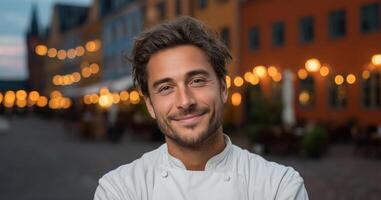 A chef stands proudly in a bustling restaurant courtyard, illuminated by warm lights. With a friendly smile, he showcases his passion for culinary arts in a vibrant outdoor dining setting. photo