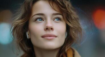 A woman with curly hair and wireless earbuds looks thoughtfully into the distance. She is connected to a voice assistant, enabling easy communication and control while enjoying her surroundings. photo