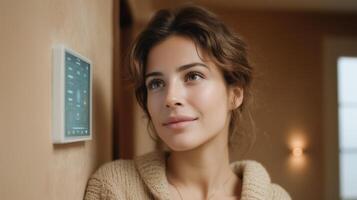 A young woman interacts with a smart home device mounted on a wall in a cozy indoor setting. The technology contributes to comfort, showcasing modern advancements in home automation. photo