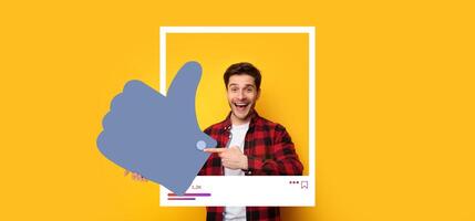 A young influencer smiles and gives a thumbs up while surrounded by a bright yellow background. He promotes positivity in online engagement, capturing audience attention with enthusiasm. photo