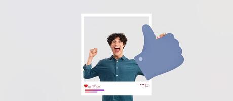 A cheerful individual is enthusiastically raising a thumbs up while smiling widely. The backdrop resembles social media collage elements, conveying an engaging online atmosphere. photo