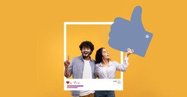 Two influencers joyfully pose in front of a bright yellow background, showcasing their creativity and enthusiasm for social media engagement while highlighting the importance of audience connection. photo