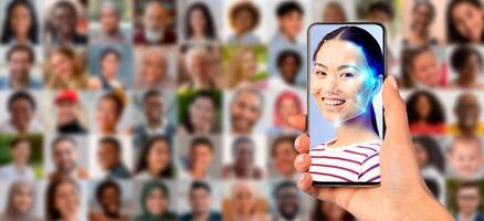 A person holds a smartphone displaying a face scan while surrounded by a collage of various individuals. This showcases the advanced capabilities of identification technology in daily life. photo