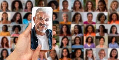 A person is using a smartphone to scan their face for identification. The phone displays a digital outline of the face, set against a collage of diverse individuals' portraits. photo
