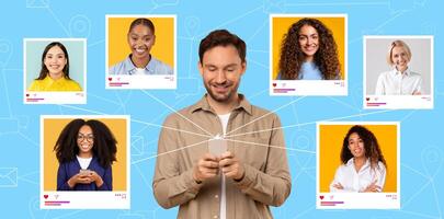 A man is smiling while using his smartphone, interacting with friends on social media. Multiple smiling faces of friends appear around him on a light blue background. photo