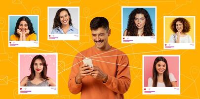 A man smiles while using a smartphone surrounded by various profiles of women. The colorful backdrop enhances a lively atmosphere of digital connections and engagement. photo
