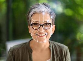 A smiling older woman with short grey hair is undergoing a facial recognition check in a bright, green environment, showcasing the integration of tech into everyday activities. photo