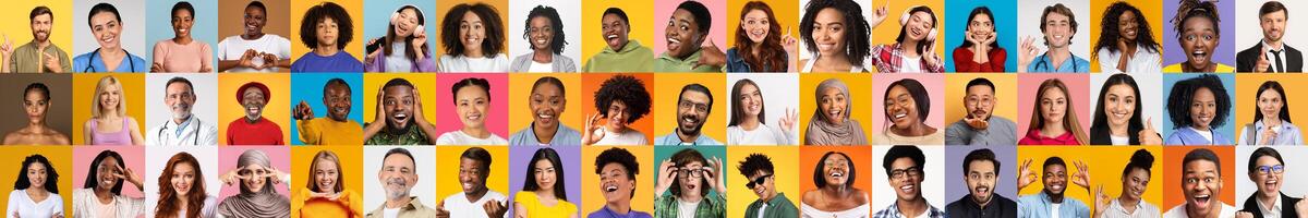 A vibrant collage showcasing a diverse group of individuals, each expressing joy and positivity. photo