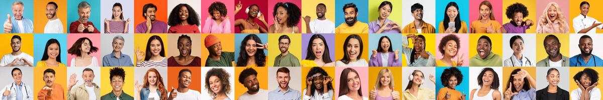 A collection showcasing a variety of faces from diverse backgrounds, each person radiating joy and individuality in bright, colorful settings. Celebrating diverse lifestyle and unity. photo