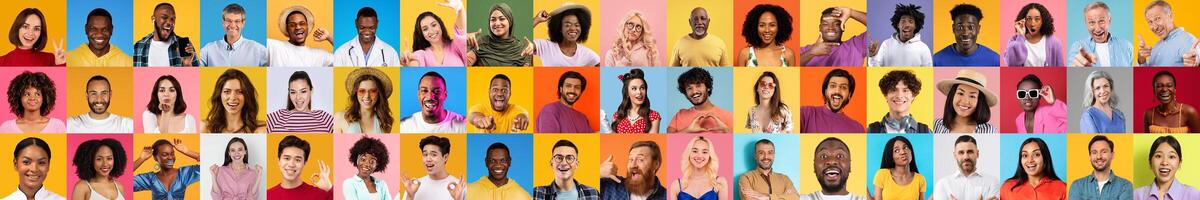 A vibrant collage of smiling individuals from various backgrounds against colorful backdrops. Each person expresses joy and connection, highlighting the beauty of diversity in everyday life. photo