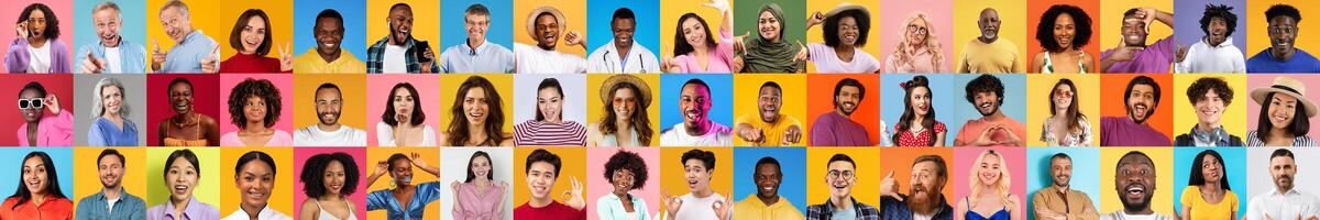 A vibrant collage features a joyful collection of individuals, all smiling against colorful backgrounds. Each portrait highlights unique expressions and lifestyles. photo