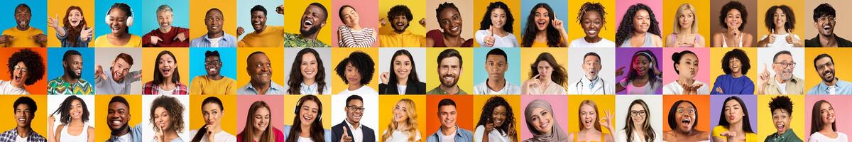 A vibrant collection showcasing joyful expressions of diverse individuals from different backgrounds. Each portrait highlights the beauty of diversity in a colorful setting, emphasizing unity. photo