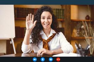 Head shot of smiling young female teacher waving hand to webcam, greeting students during remote lecture or online course, using computer call software application, laptop screen view photo