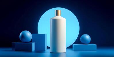 This artistic display showcases a white cosmetic bottle positioned on a podium with geometric shapes in various blue tones. The lighting creates a vibrant atmosphere, enhancing the product's appeal. photo