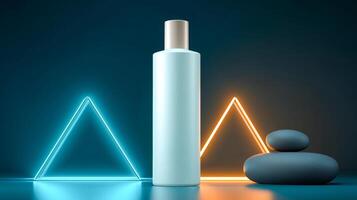 A sleek cosmetic bottle stands prominently on a smooth podium. Brightly lit triangular shapes in blue and orange create a modern backdrop, complementing three smooth stones placed nearby. photo