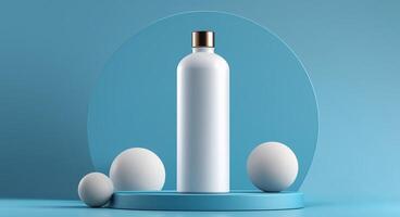 A sleek, white cosmetic bottle stands prominently on a circular podium surrounded by textured spheres. The soft blue backdrop enhances the minimalist aesthetic, emphasizing product design. photo
