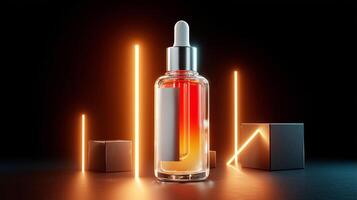 The cosmetic bottle is displayed on a geometric podium, featuring a gradient design that transitions from orange to red. photo