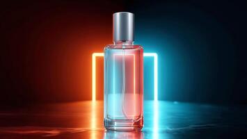A clear cosmetic bottle is displayed on a geometric podium, illuminated by contrasting orange and blue lights, creating an eye-catching visual effect. The setting highlights the product's design. photo