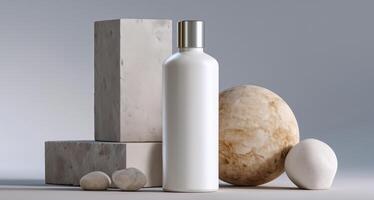 A sleek white cosmetic bottle is artistically arranged on a geometric podium, surrounded by textured stones and a smooth spherical rock. The setting emphasizes minimalist design and product elegance. photo