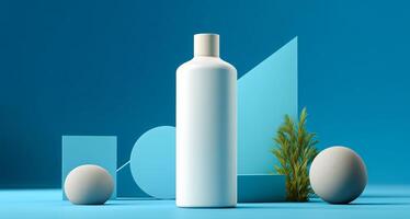 A white cosmetic bottle is prominently displayed on a geometric podium created with various shapes in soft blue tones. photo