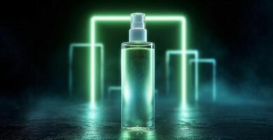 A sleek cosmetics bottle rests on a modern geometric podium, illuminated by striking neon lights. The design creates a captivating visual effect perfect for showcasing beauty products. photo