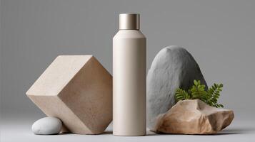 A sleek, minimalist cosmetic bottle is positioned prominently on a geometric podium. Surrounding it are various natural elements, including smooth stones and artistic shapes, enhancing the aesthetic. photo