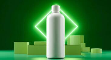 A white cosmetic bottle stands prominently on a geometric podium. The vibrant green background and neon diamond accent enhance the modern aesthetic, ideal for product branding and design. photo