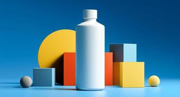 A sleek white cosmetics bottle is displayed prominently on a geometric podium made of colorful shapes. The background features a bright blue sky, enhancing the vibrant visual contrast. photo
