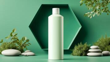 A sleek, mint-green cosmetics bottle stands upright on a smooth podium, surrounded by tranquil stones and vibrant greenery. photo