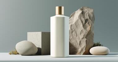 A sleek cosmetic bottle is positioned prominently atop a minimalist podium, surrounded by geometric shapes and natural stones. Soft lighting enhances the modern aesthetic of the display. photo