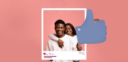 A young couple smiles brightly while posing against a colorful background. They celebrate moments of happiness with a thumbs up, symbolizing positivity in online content creation and connection. photo