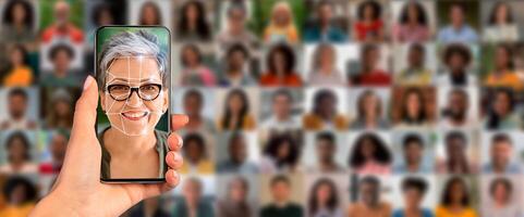 A person holds a smartphone displaying facial recognition software, scanning their face. Behind them, a collage of diverse individuals highlights modern identification technology in use. photo