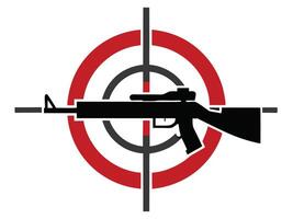 Black rifle silhouette centered in a red and gray bullseye on a white background vector
