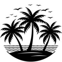 Silhouetted illustration of palm trees on a small island with flying birds in a clean design vector