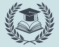 A symbolic emblem representing education knowledge and academic achievement with a graduation cap and laurel wreath vector