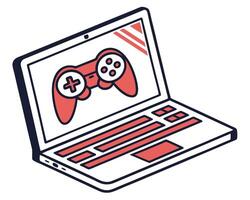 Gaming illustration of a laptop displaying a controller for entertainment and digital fun. vector