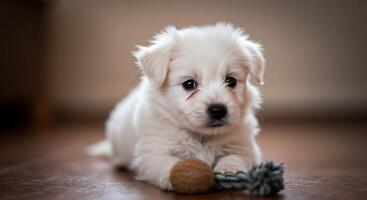A white puppy with a toy on the floor photo