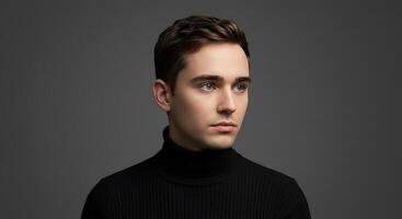 A man in a turtle neck sweater looking to the side photo