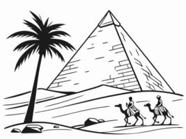 Ancient egyptian scene with pyramid palm tree and camel riders in black and white vector