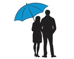 Silhouette of a couple standing together under a blue umbrella in a simple design vector