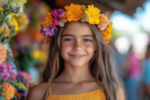 a young girl with a flower crown at Feria de las Flores, smiling while standing near a booth selling vibrant floral crafts, warm sunlight creating a cheerful atmosphere photo