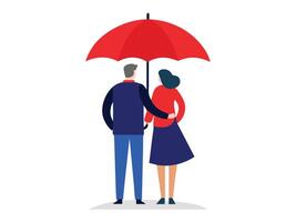 A couple stands together under a red umbrella representing support and love in togetherness. vector