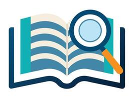 Open book with magnifying glass represents reading research and discovery through information vector