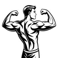 Strong man bodybuilder flexing biceps muscles back view in black and white vector