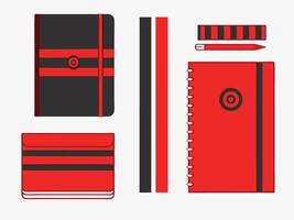 Red and black stationery set flat lay notebooks pencil and elastic bands vector