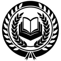 Elegant black and white educational emblem depicting a book within laurel wreath design. vector